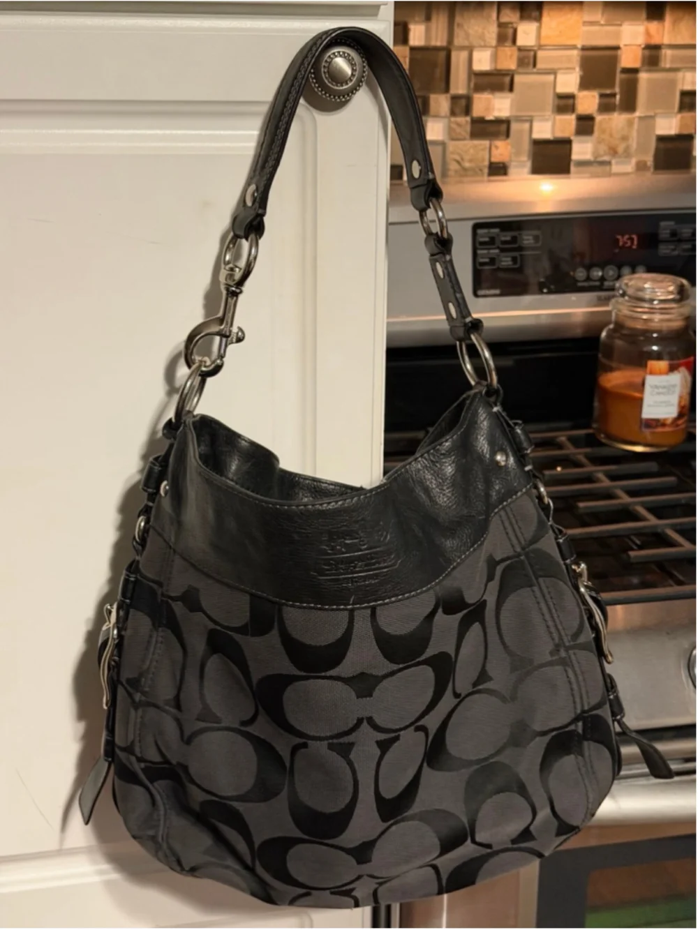 Coach Zoe Signature Jacquard Hobo Bag Black Leather Trim